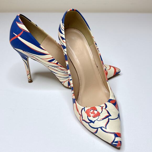 J.Crew Italian Made Leather Floral Heels Size 7.5 Cream Blue Red‎ Print 4" Heel - Picture 1 of 13